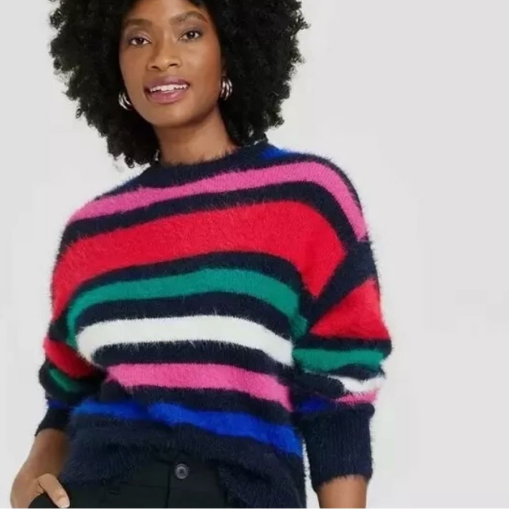 A New Day Navy NWT Multicolor Horizontal Stripe Eyelash Sweater size M